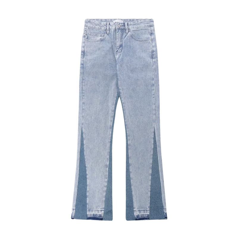 American Style Minimalist Distressed Color Blocked Denim Loose Street Washed Polished White Micro Flared Pants, Jeans_voghion.com