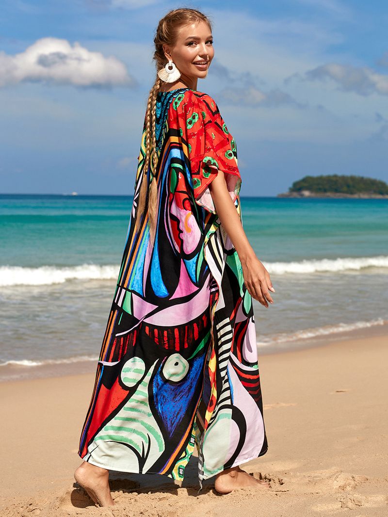Strandkleid aus 100 % Baumwolle für Damen – Sonnenshirt mit Boho-Print, locker sitzende Bademode, Langarm-Tunika für den Urlaub am Pool_voghion.com