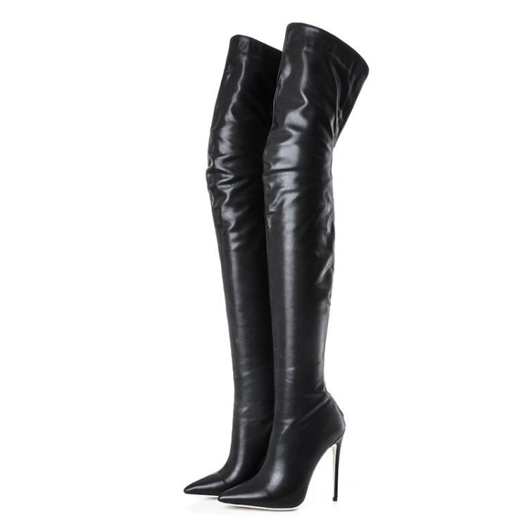 Geeignet für alle Jahreszeiten. Modische Overknee-Stiefel aus glänzendem Leder mit spitzer Zehenpartie und Reißverschluss auf der Rückseite, Stiletto-Absatz und schmalem Bein, Größe 42_voghion.com