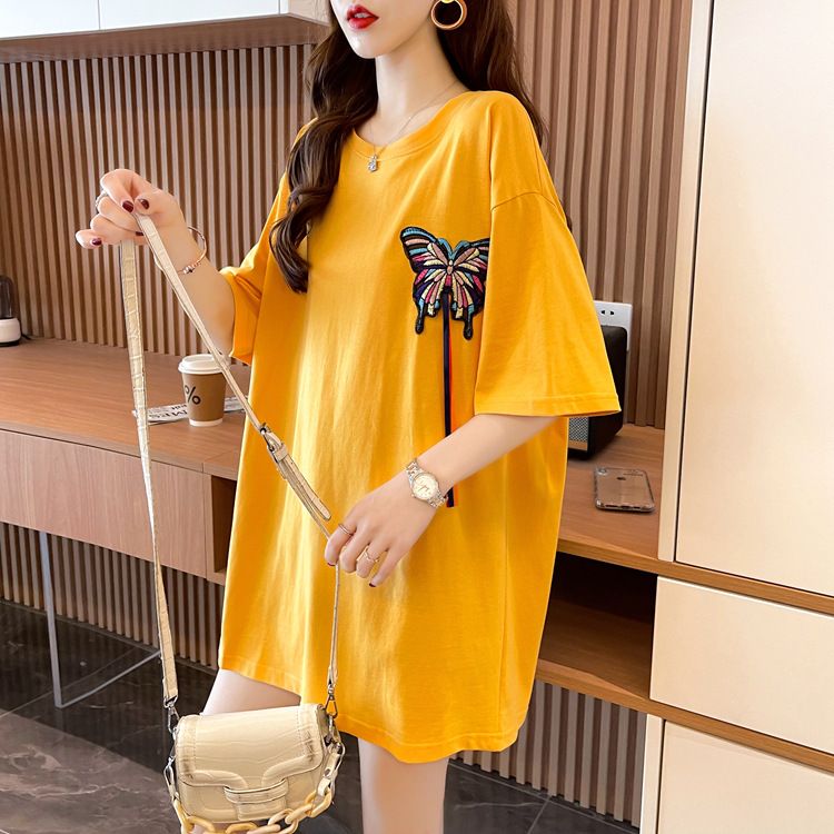 Maglietta a maniche corte con ricamo rosso da donna, versione coreana, stile lungo_voghion.com
