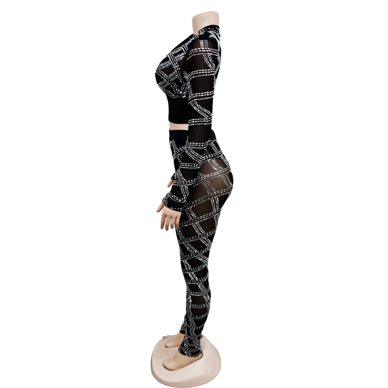 Set di due pezzi di pantaloni a maniche lunghe a maniche lunghe con diamanti caldi in maglia tinta unita da donna_voghion.com