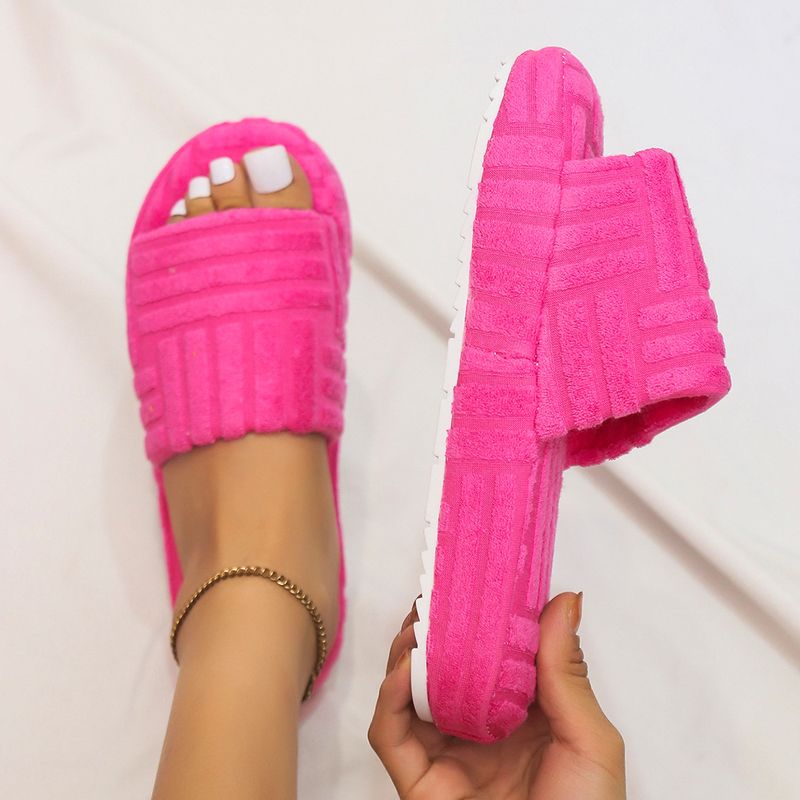 2025 Summer New Large One Word Thick Base Color Towel Fabric Hairy Slippers For Women_voghion.com
