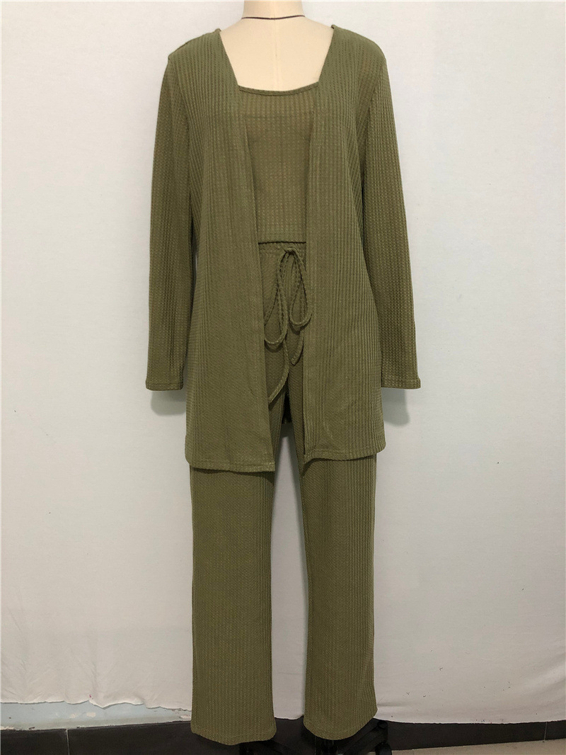 Women's home wear women's Waffle knit halter top trousers robe pajamas three sets_voghion.com