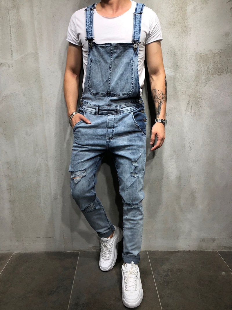 Erkek Giyim Moda Erkek Askılı Tulum Yıpranmış Erkek Dış Ticaret Kot Pantolon Tulum_voghion.com