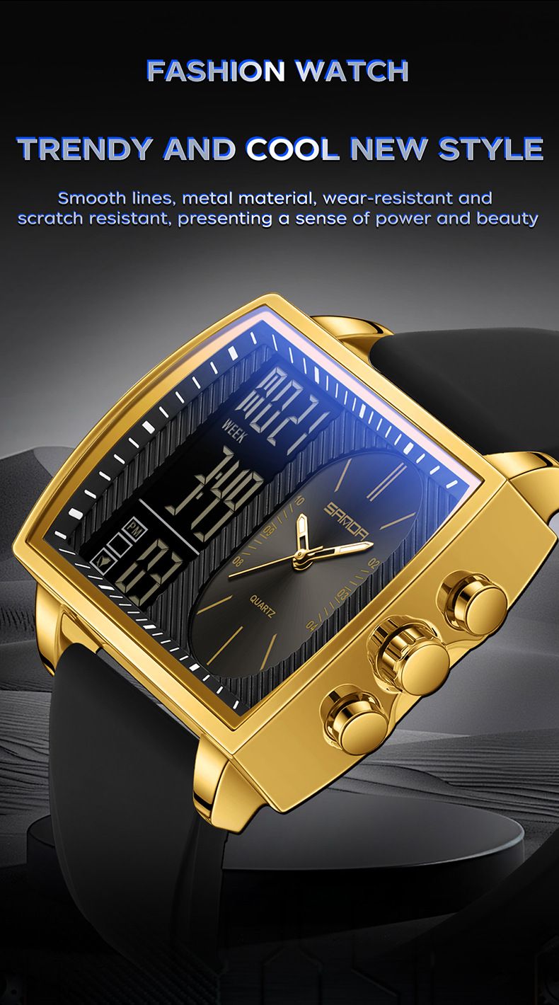 Montre analogique numérique pour homme à double affichage, multifonction, étanche, lumineuse, calendrier, grand cadran carré et bracelet en silicone_voghion.com