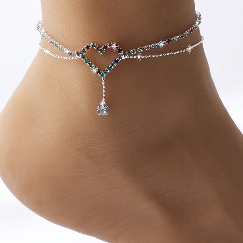 Modeschmuck, mehrlagiges Strand-Fußkettchen mit Strasssteinen und Herz-Design für Damen, Urlaubs- und Party-Accessoires_voghion.com
