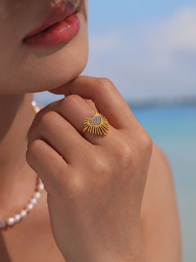 Fang Tang Personality Style Simple Sun Set Diamond Heart Ring Titanium Steel Geometric Pattern Ring For Women_voghion.com