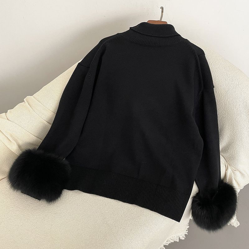 Damenbekleidung Heißer Verkauf Damen Herbst und Winter neuer verdickter hochgeschlossener lockerer Strickpullover mit abnehmbaren Manschetten aus echtem Fuchs_voghion.com