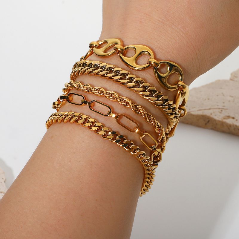 Conjunto de joias estilo INS Miami Cuban Chain Flat Snake Fold Pulseira de aço inoxidável banhada a ouro para mulheres_voghion.com