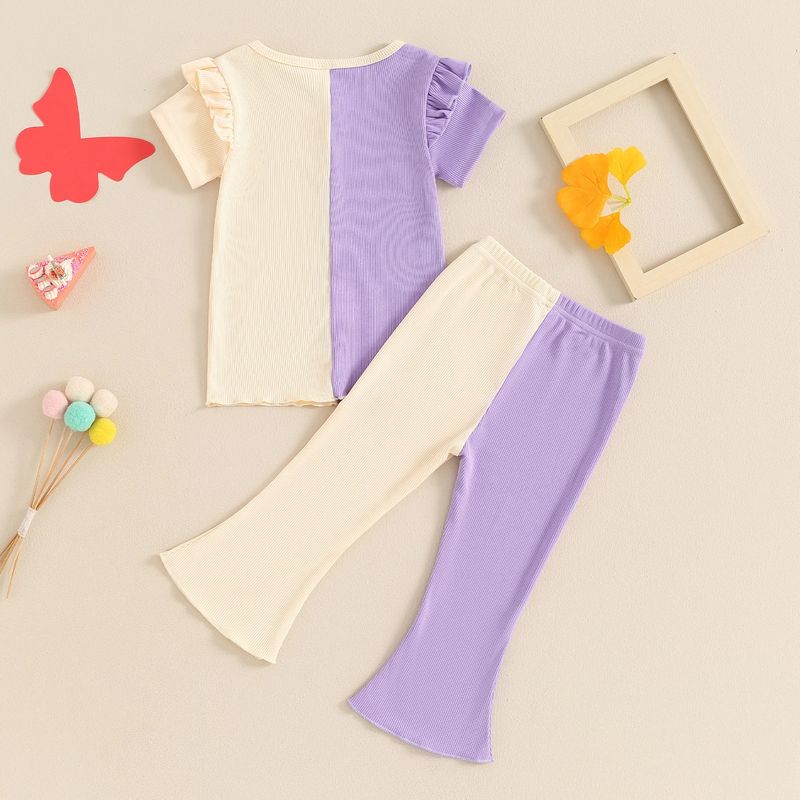 Kid's Clothing sweet versatile butterfly print color matching lace short-sleeved top casual bell-bottom pants suit two-piece set_voghion.com