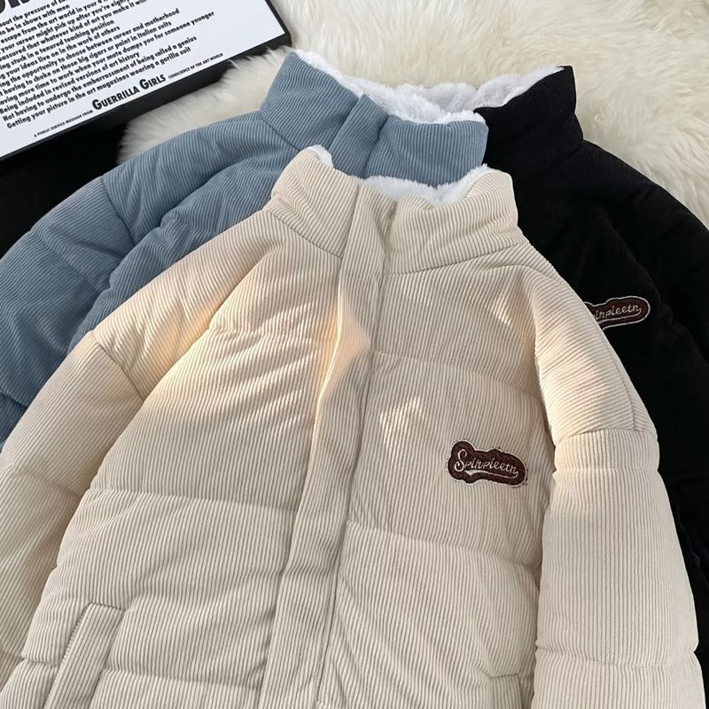 "Unisex Corduroy Reversible Puffer Jacket With Sherpa Fleece Lining – Winter Streetwear Coat In Black/Sky Blue/Beige (M-XXL)"_voghion.com