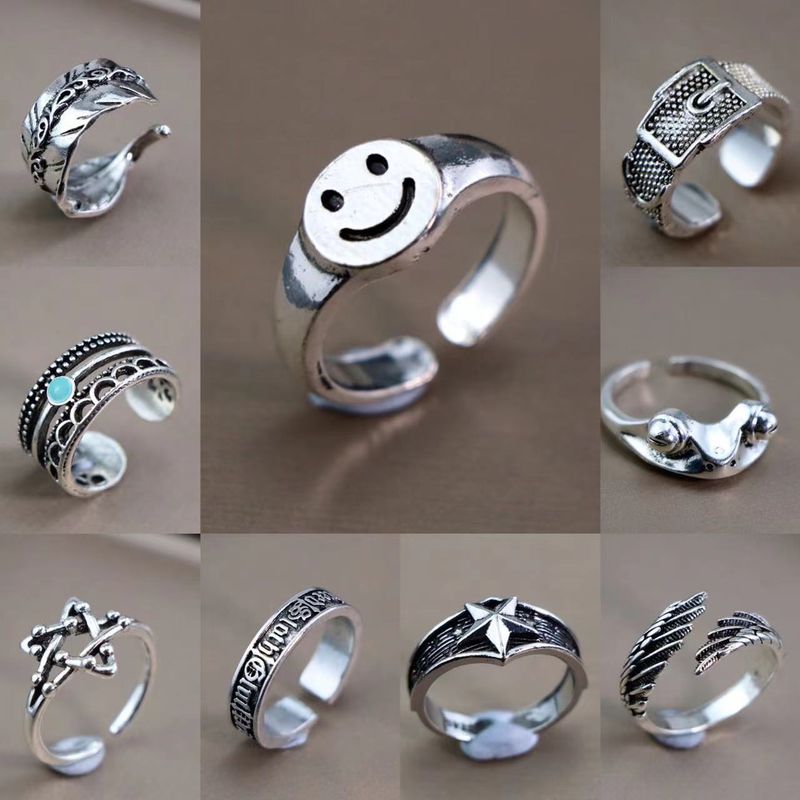 Fashionable and personalized opening imitation silver ring, female smiling face with multiple layers of Instagram trendy_voghion.com