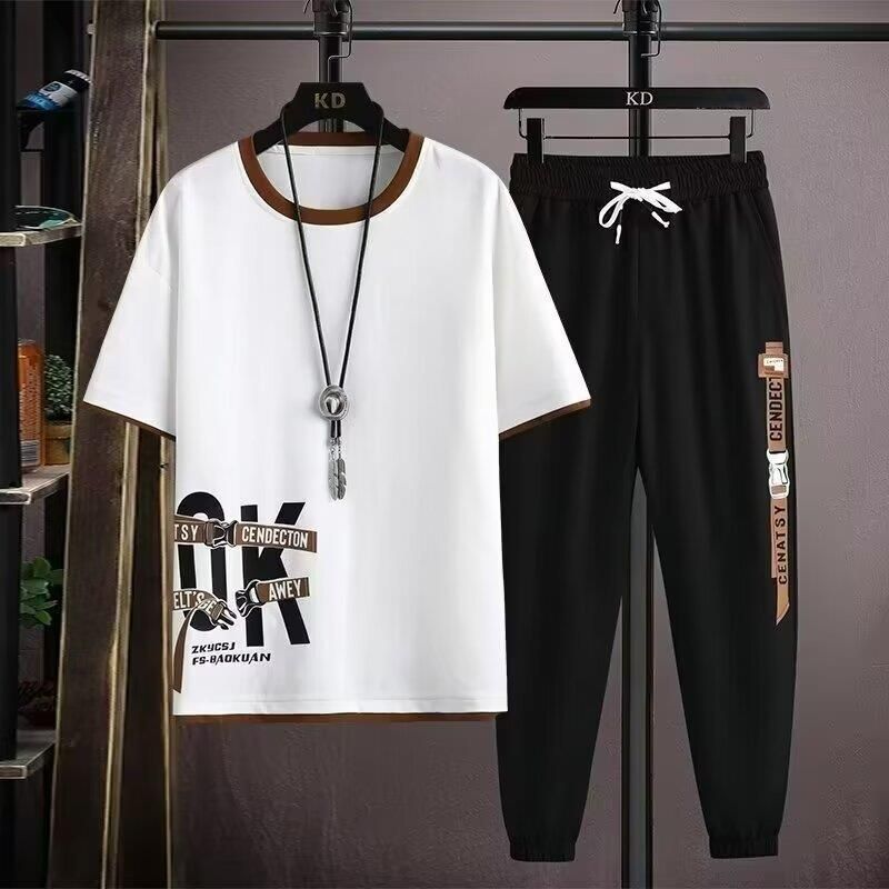 2025 Outfit estivo da uomo, per ragazzi, con maglietta a maniche corte, pantaloni sportivi, casual, studenti, eleganti, set da due pezzi alla moda_voghion.com