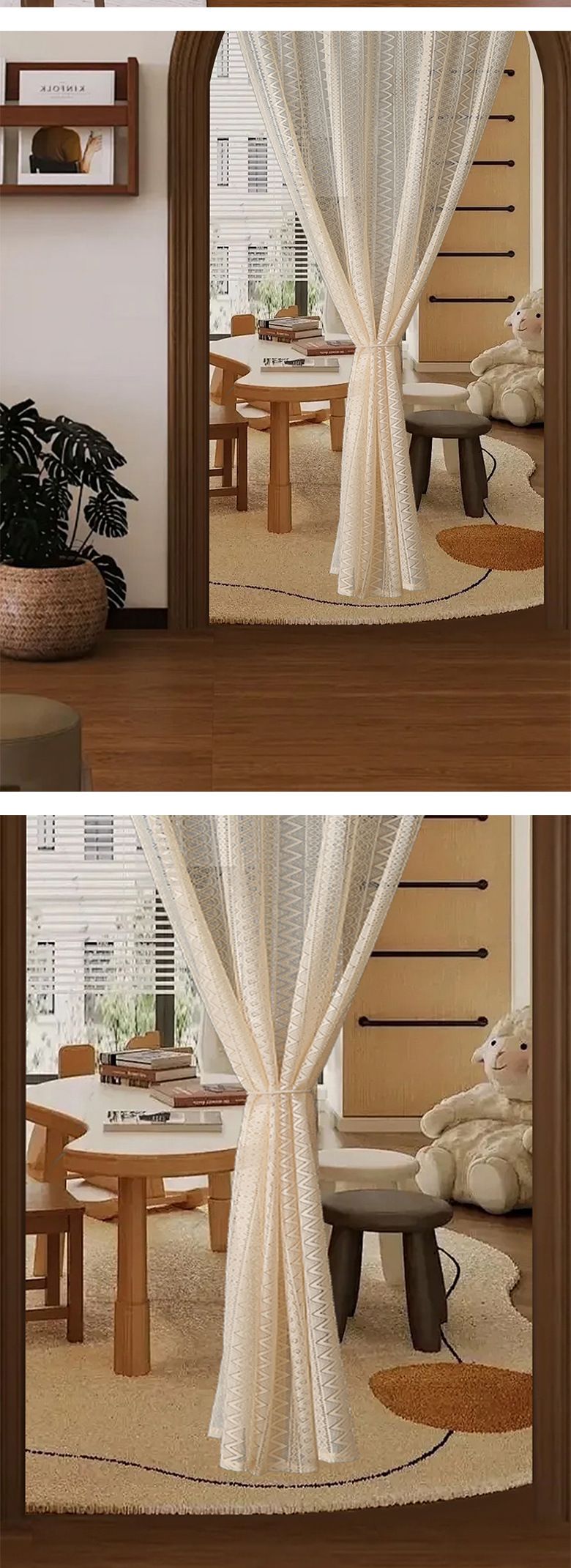Tenda per porta geometrica bohémien - Pannello in tessuto di poliestere intrecciato con tasca per asta, motivi vintage a onde e strisce per soggiorno e camera da letto_voghion.com