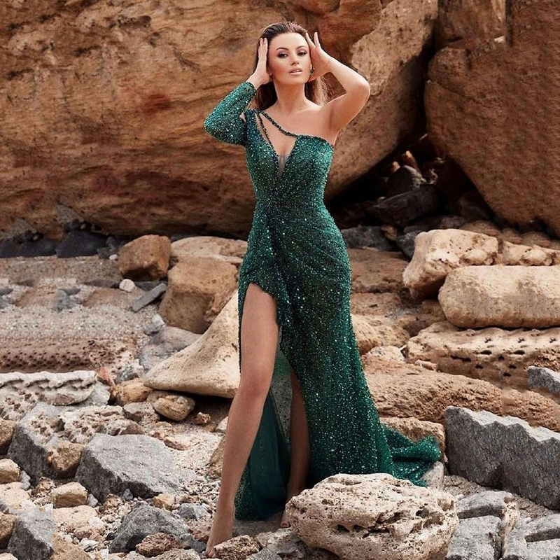 cross border women's dreamy socialite party party quality sexy high slit long sleeved sequined banquet evening dress_voghion.com