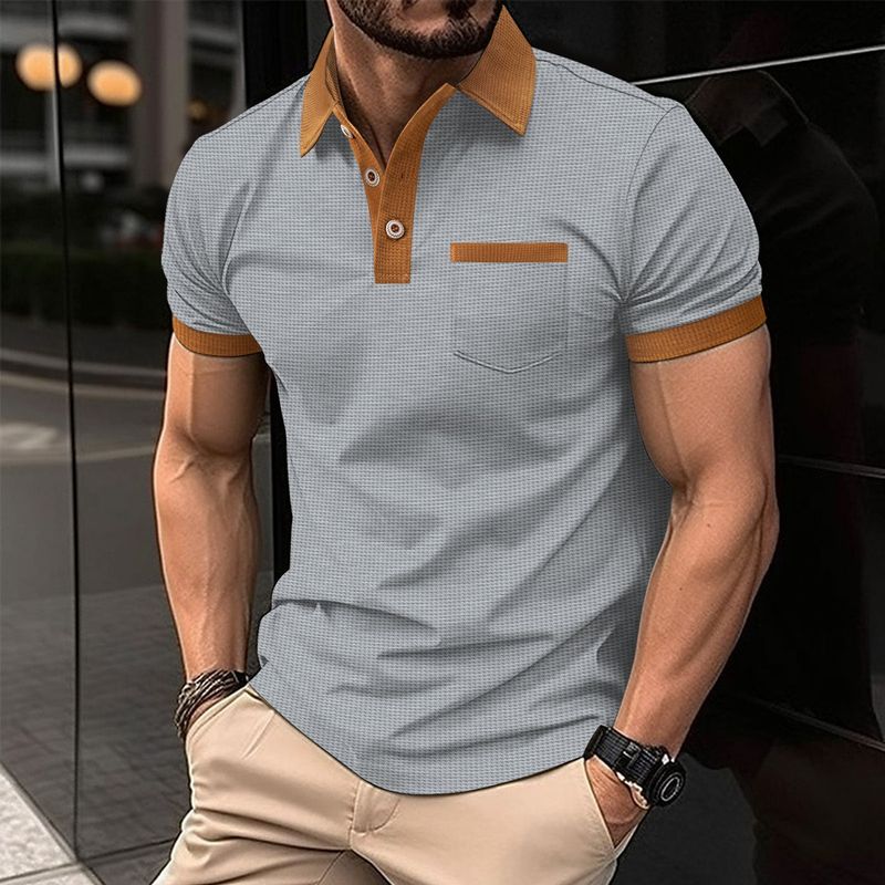 Men Waffle T Shirt Short Sleeve Button Top Casual Tee Lapel Neck Shirt Summer Men's Tee Hombre Fashion Customs_voghion.com