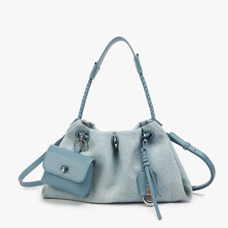Bolsos de diseñador de alta calidad 2025, bolso de mezclilla de gran capacidad para mujer, asa de cuero genuino, bolso de hombro tipo hobo con múltiples compartimentos._voghion.com