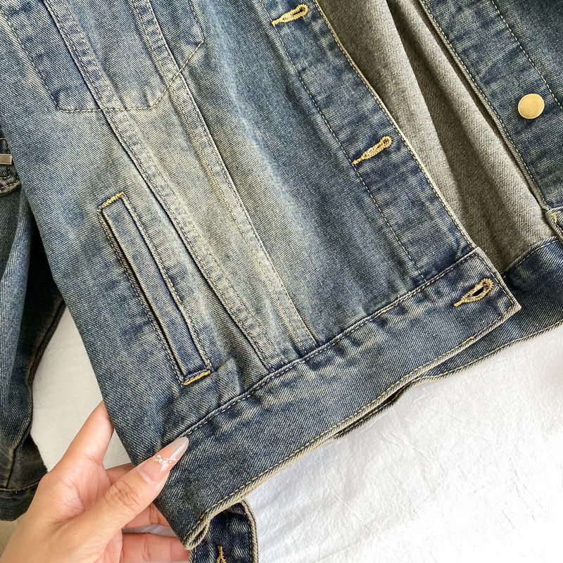 Chaqueta vaquera vintage lavada para mujer: camisa oversize estilo BF de manga larga con abertura frontal y bolsillos._voghion.com