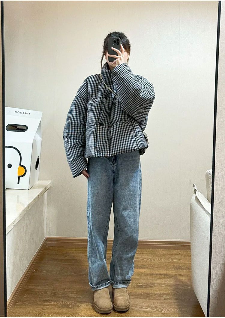 Women's Short Puffer Jacket With Houndstooth Pattern, Thickened Down Coat, Stand Collar, Oversized Fit, White Duck Feather Filling_voghion.com