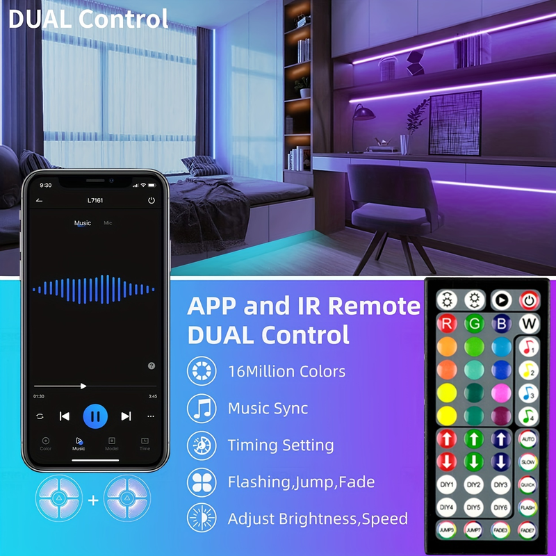 100ft/50ft LED-Lichtstreifen, LED-Leuchten für Schlafzimmer, intelligente LED-Leuchten APP-Steuerung, DIY mehrere Farben auf einer Linie, Farbwechsel-LED-Leuchten Musiksystem_voghion.com
