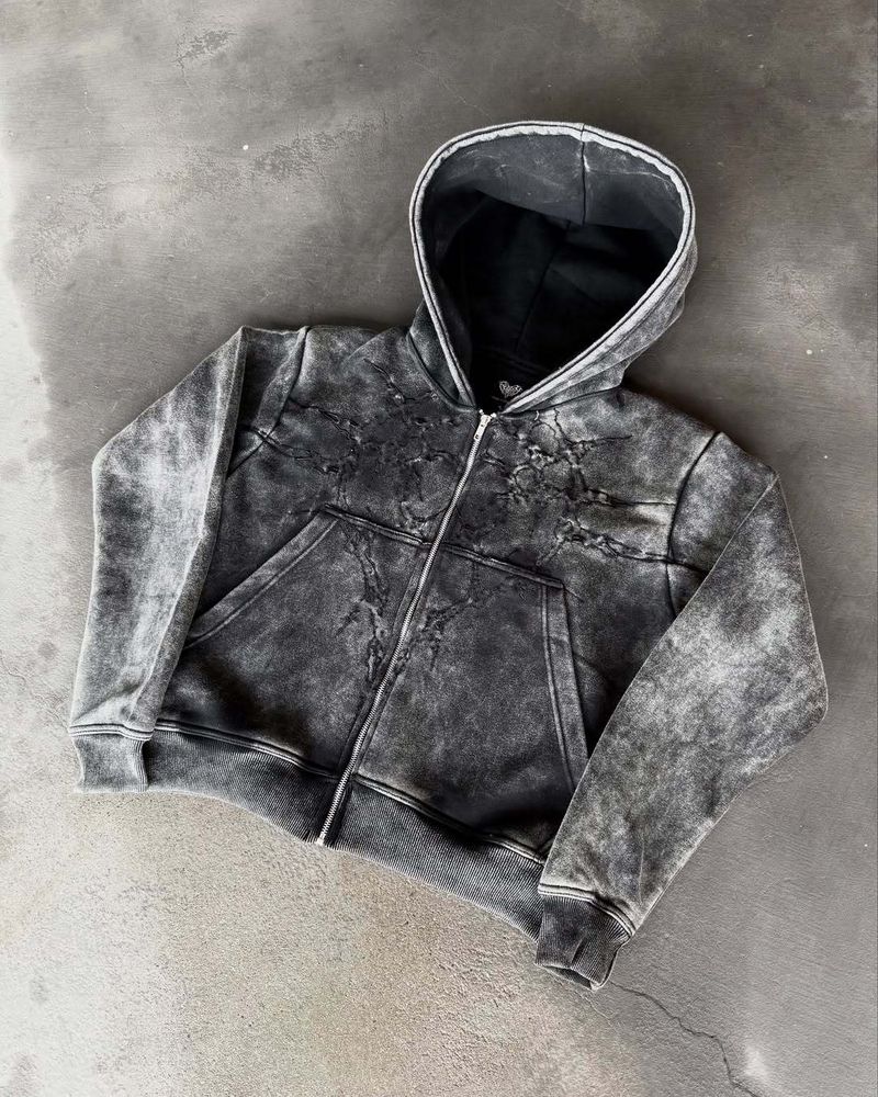 Felpa con cappuccio unisex con cerniera, stile streetwear, stile retrò Y2K, lavata e rovinata, per uomo e donna_voghion.com
