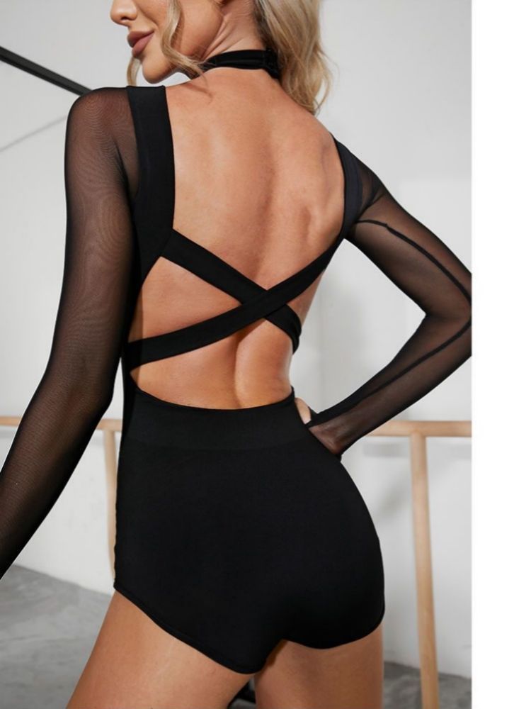 Long Sleeved T-shirt With Chest Cushion, Women's Sexy Mesh Splicing, Slightly Transparent And Professional Style_voghion.com
