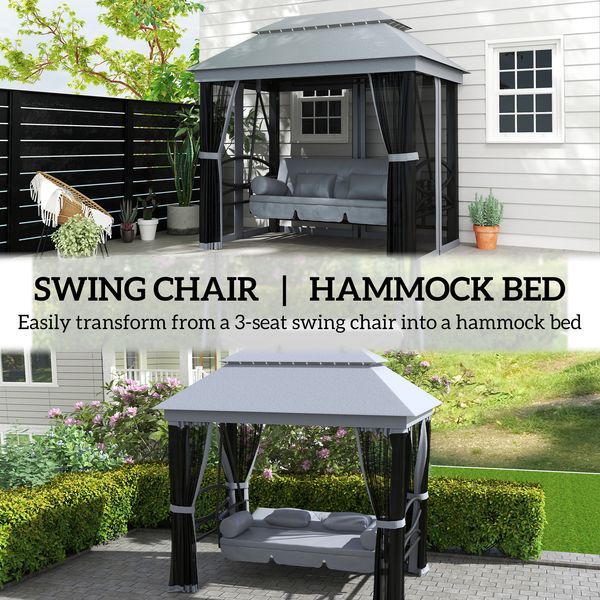 3-Seat Patio Swing Chair With Double Tier Canopy, Porch Swing Chair With Stand, Mesh Sidewalls, Cushioned Seat And Pillows, Gray_voghion.com