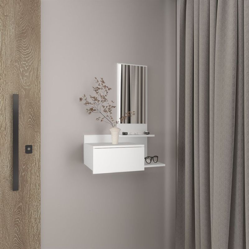 Vienna 23.6' Wide 3-Tier Shelf Floating Mirror Console Table, Full Extension Drawer White_voghion.com