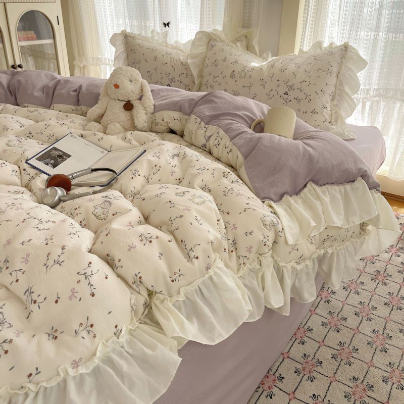 HIINII Girlish Heart Ins Cloud Sense Dwuwarstwowa poszewka na kołdrę z gazy Zou Cotton Edge w stylu pasterskim, cztery części_voghion.com