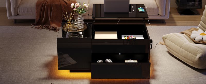 Table basse réglable en hauteur 95 x 48 x 42 cm avec rangement dissimulé, éclairage LED, tiroir et prise de courant - Table d'appoint de salon noire_voghion.com