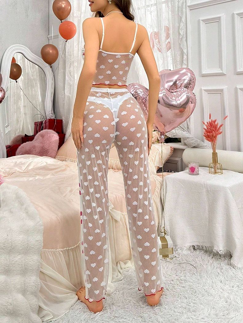 Damen Nachtwäsche Sexy Pyjamas Transparent Schöner Rücken Mesh Ärmellos Home Kleidung Liebesdruck Hosenträgerhose_voghion.com