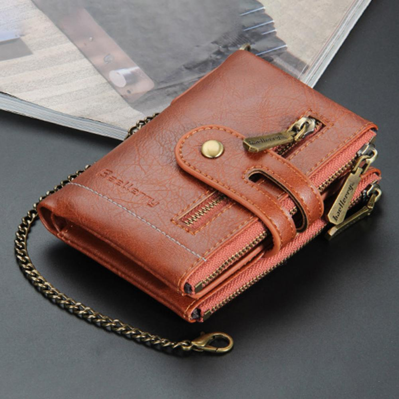 Carteira masculina de couro sintético com zíper duplo, grande capacidade, fivela segura, carteira retrô, carteira da moda com várias grades para homens_voghion.com