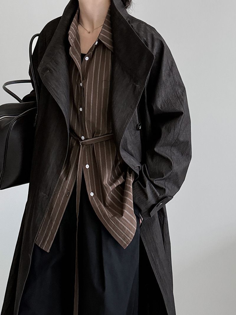 Minimalist British Style Trench Coat For Women, Long Sleeve Belted Duster Coat, Oversized Lapel Casual Overcoat In Beige & Denim Black_voghion.com