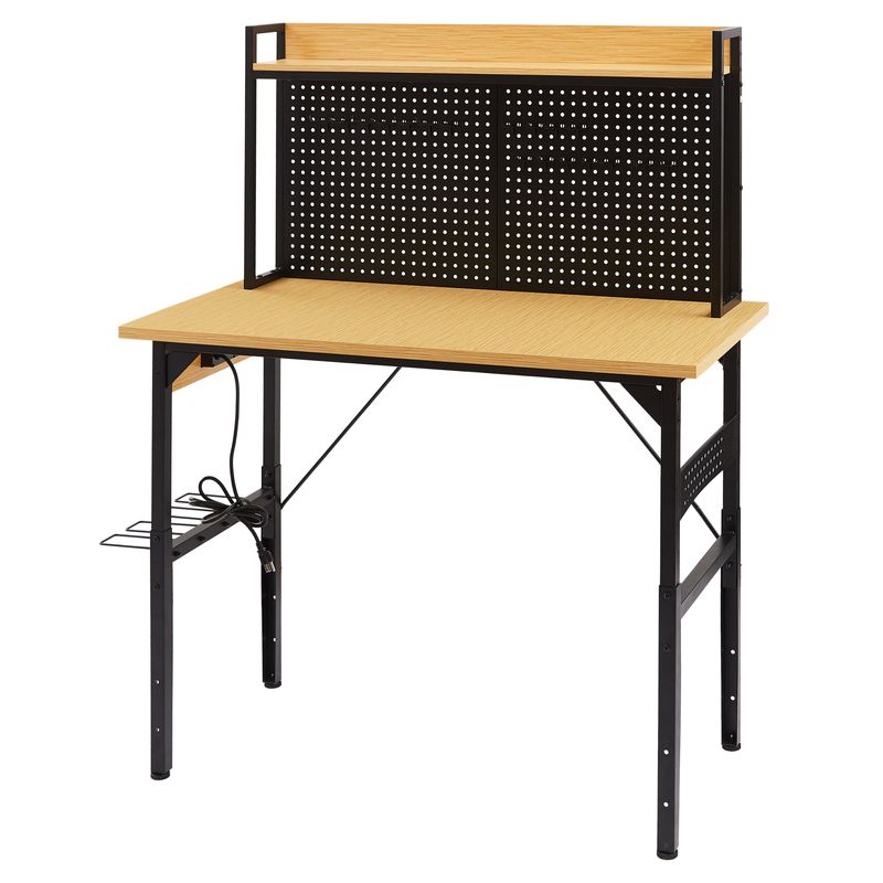 48''Adjustable Workbench With Pegboard, Heavy Duty Wooden Desktop Workbench With Wheels, 1600 Lb. Load Capacity, Rolling Workbench With AC/USB Outlet, Hooks, Shelf, For Garage, Workshop, Office, Home._voghion.com