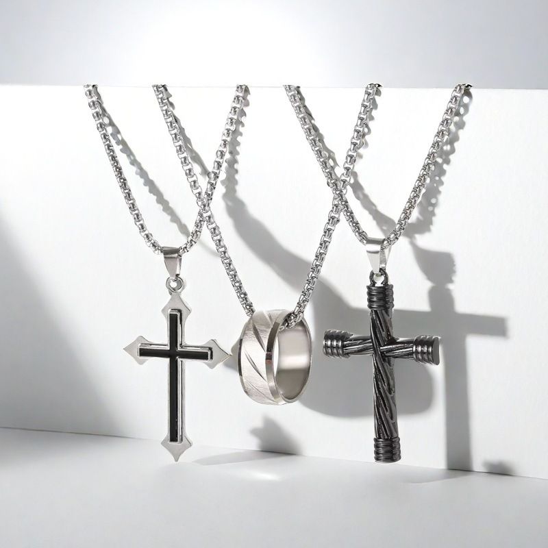 Collana con ciondolo ad anello in acciaio inossidabile, alla moda, da uomo, con croce, a catena cubana, stile hip hop, accessori_voghion.com