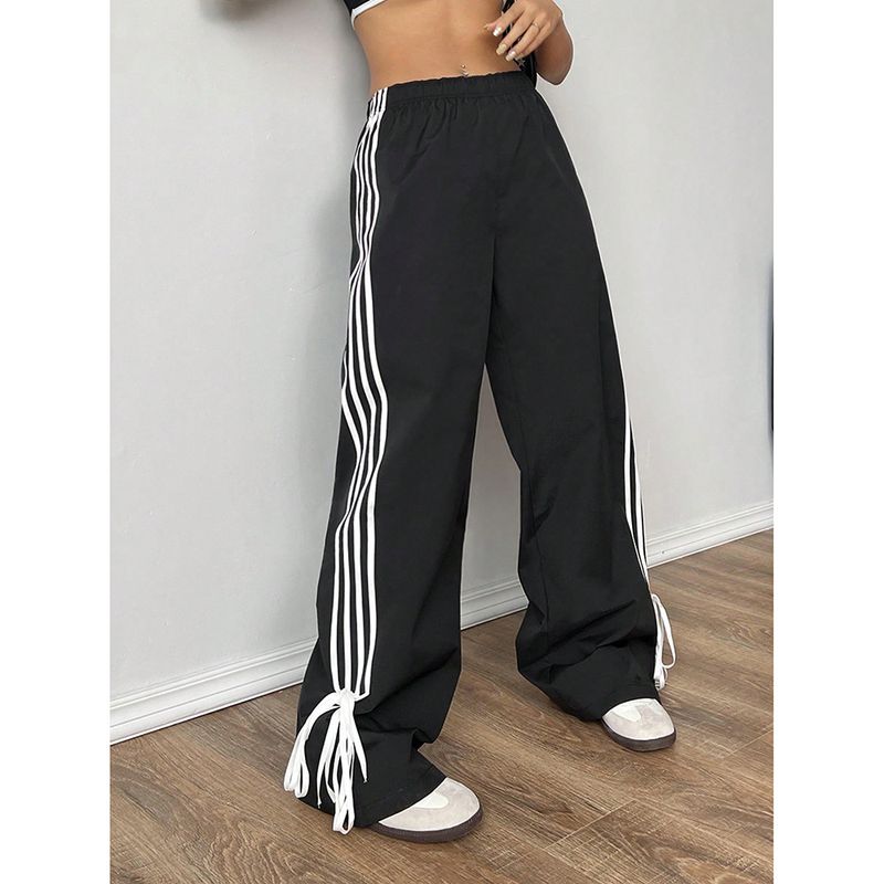 Women's High Waist Casual Jogger Pants With Contrast Stripes - Loose Fit Wide Leg Lounge Pants For Spring, Comfortable Polyester Trousers_voghion.com