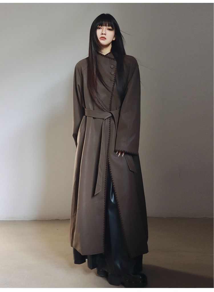 Uniek ontwerp taille-accent leren donsjack voor dames, losse opstaande kraag lange trenchcoat voor herfst en winter_voghion.com