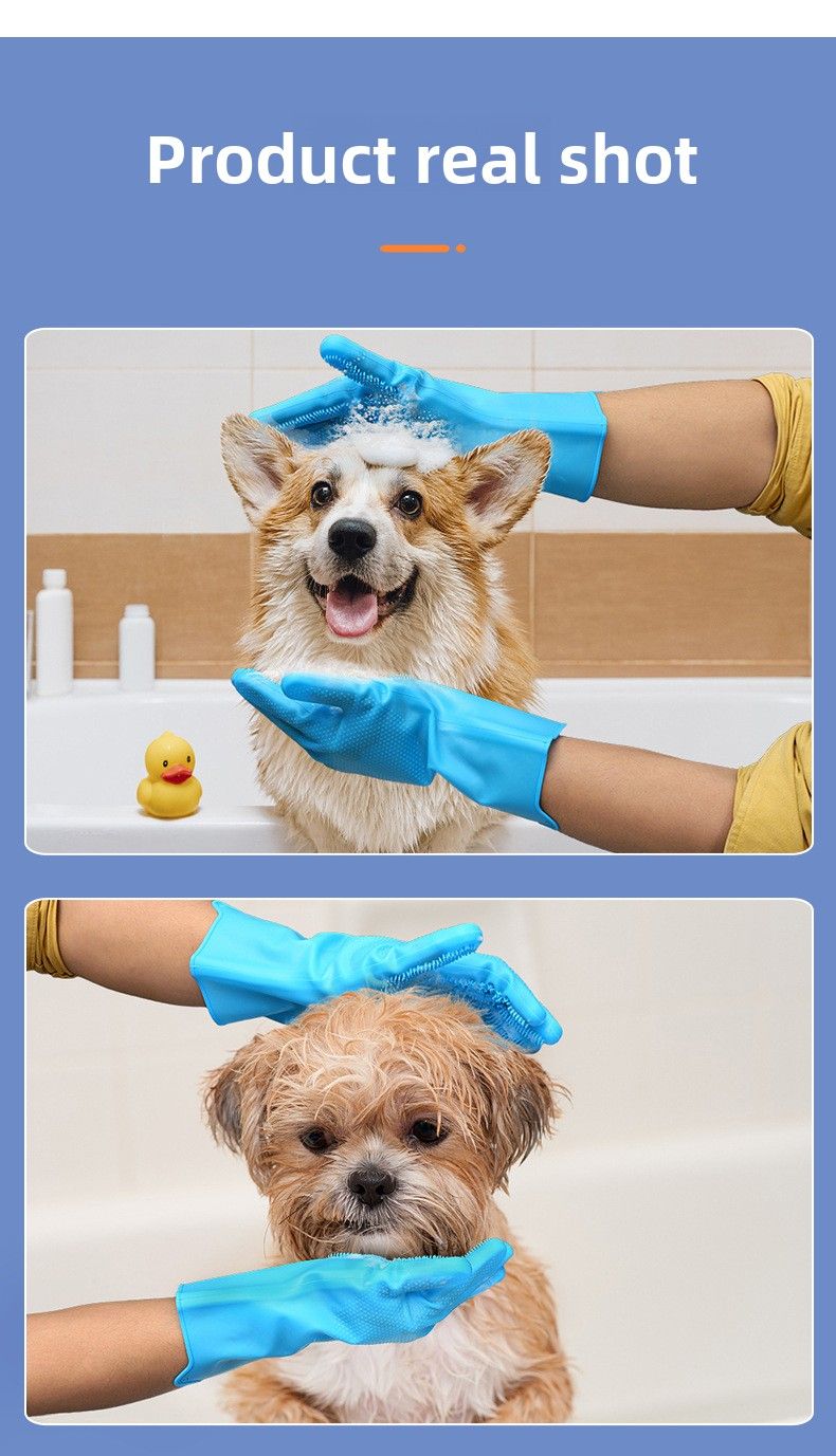 Set de aseo para mascotas de 2 piezas, guantes de lavado para perros con diseño mejorado de cinco dedos, cepillo de baño de silicona para depilación, masaje y depilación para perros C_voghion.com