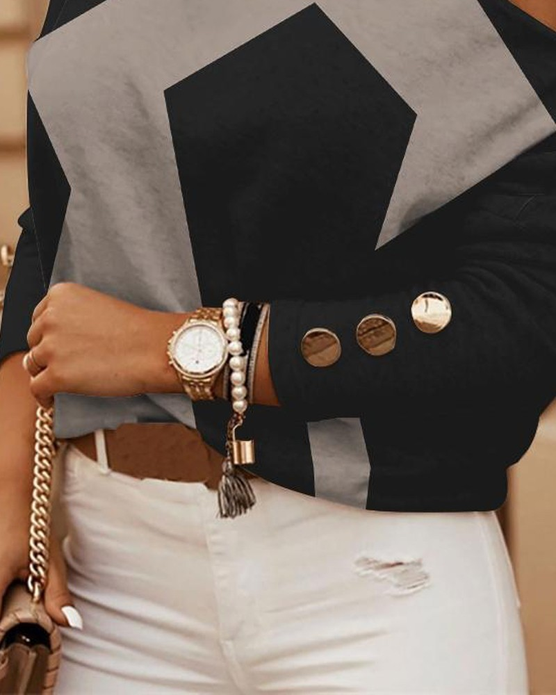 Hot Style Langarm Neckholder Top mit Kette und bedrucktem Knopfdekor für Damen_voghion.com