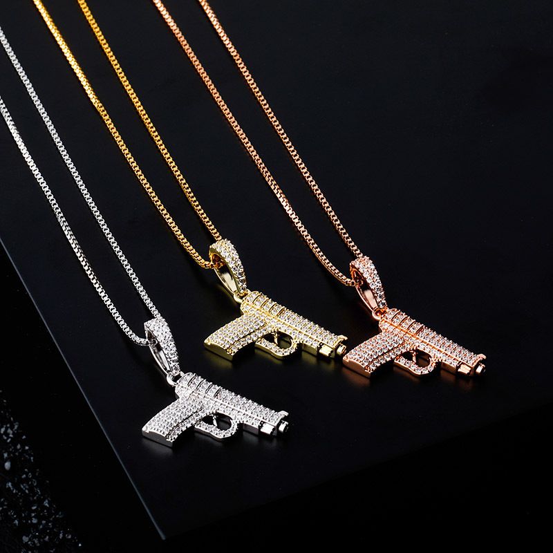 Silver Pistol Full Zircon Pendant New Hip Hop Necklace Jewelry_voghion.com