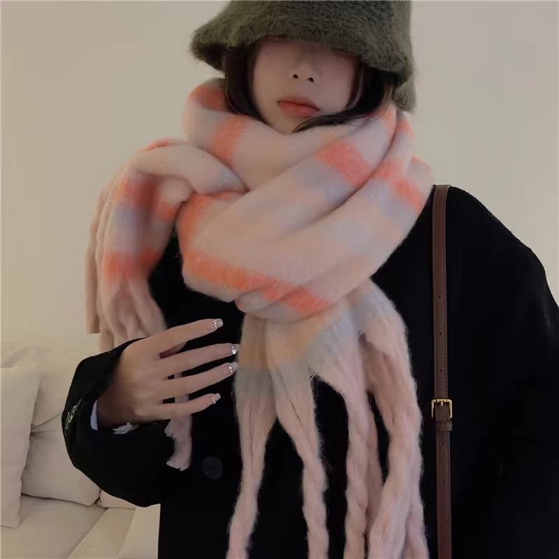 Thousand Bird Grid Scarf for Women, Autumn and New St, Student Versatile, Thickened Warm Scarf, Tassel, Winter Ins_voghion.com