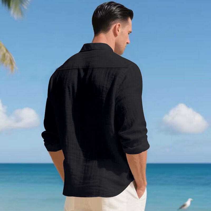 Chemise décontractée en lin pour homme – Chemise boutonnée respirante avec col à revers (blanc/noir/vert kaki/bleu clair, tailles S à XXXL)_voghion.com