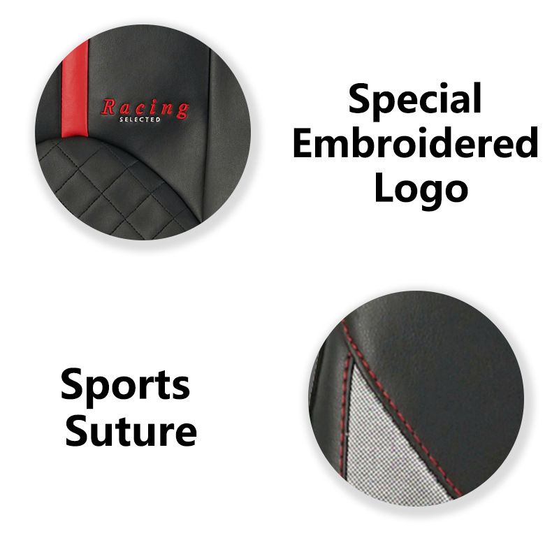 Capa de assento de carro em tecido com costura acolchoada em PVC preto, estampa de olho de pássaro, quatro estações, bordado universal com linha vermelha_voghion.com