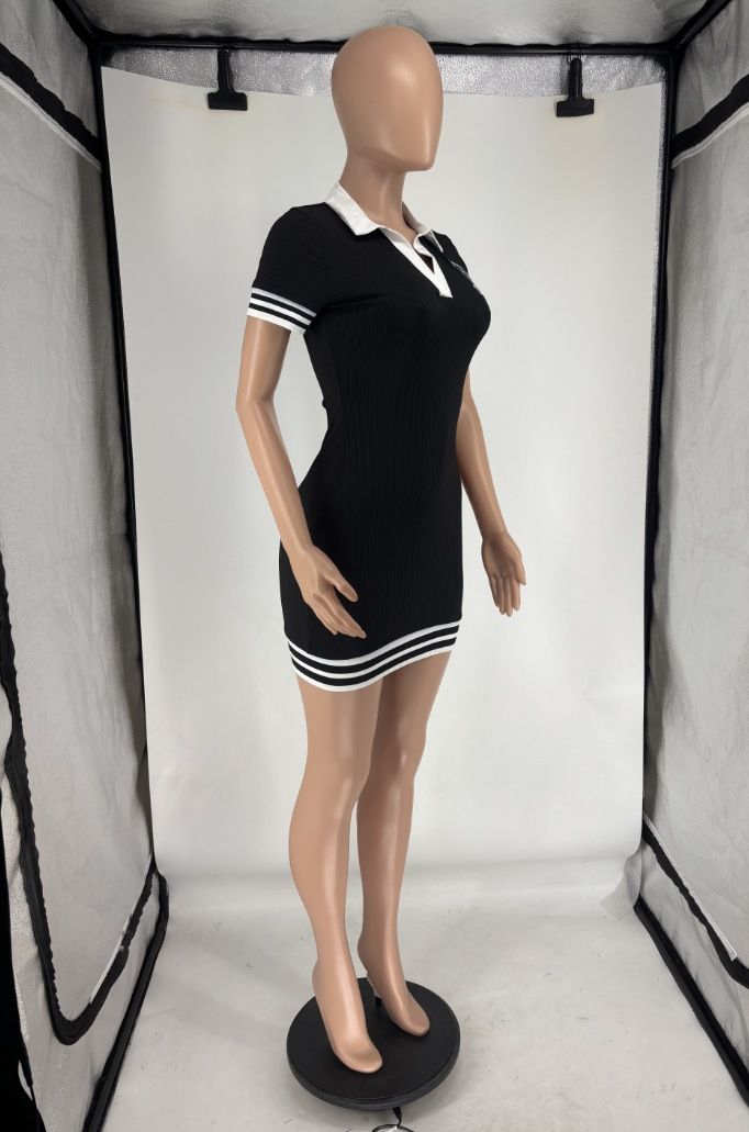 Damenbekleidung Hochwertiges Revers Kurzarmkleid Gerippter Sexy Kurzer Rock_voghion.com