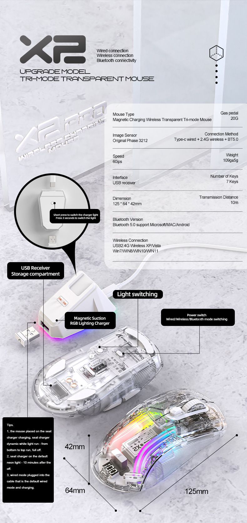 Souris de jeu sans fil Bluetooth lumineuse et transparente à trois modes avec écran Attack Shark X2PRORGB_voghion.com