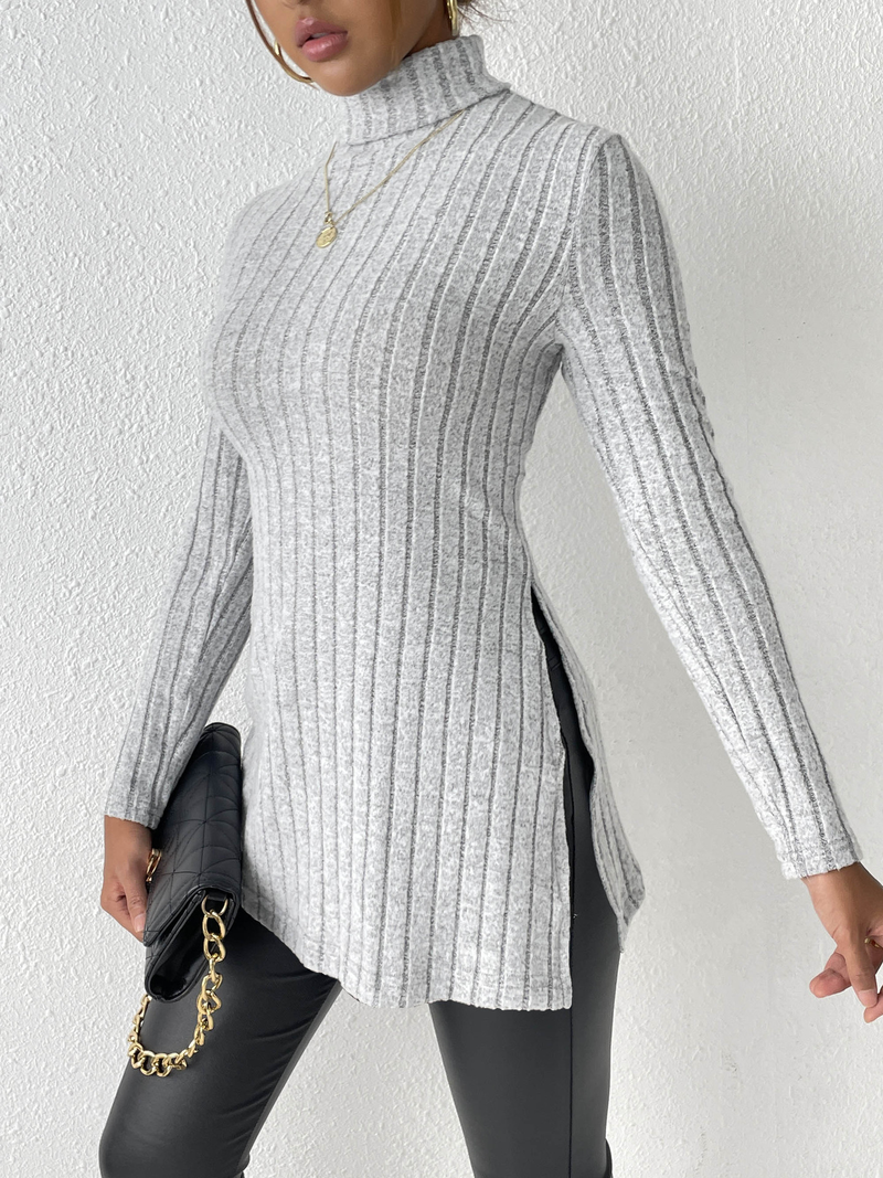 Women's turtleneck pullover slit slim-fit base pit striped medium length_voghion.com