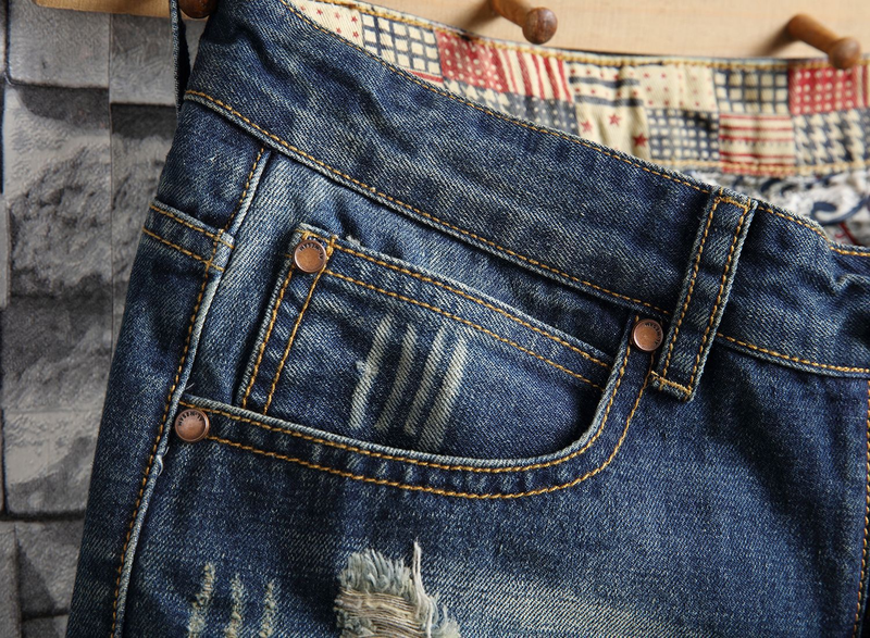 Herren-Jeans-Shorts, Retro-zerrissene, schmale, verkürzte Herren-Patch-Hose_voghion.com