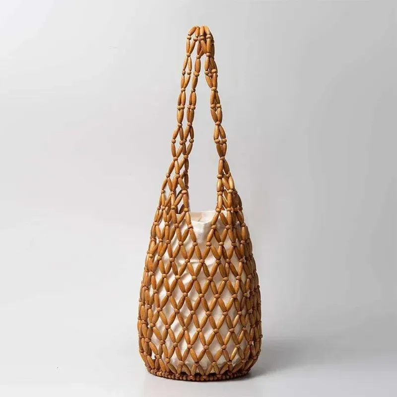 Borse firmate da donna, intrecciate a mano, estive, con design traforato, perline di legno, secchiello, tracolla, tela reticolata_voghion.com