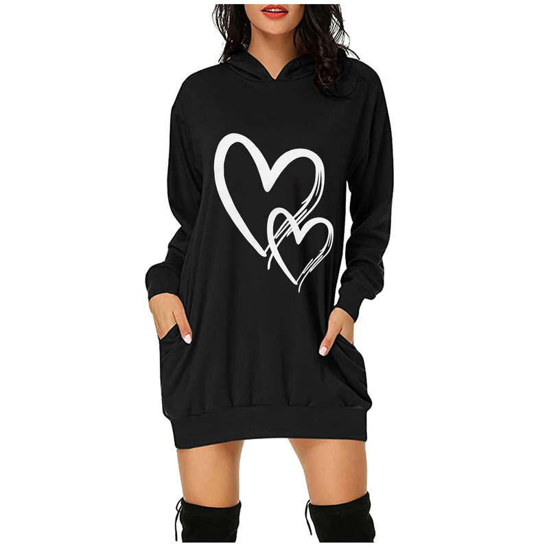 Damen-Kapuzenpullover im Weihnachtsstil mit Aufdruck „Valentinstag“ in mittlerer Länge und Taschenkapuze mit langen Ärmeln_voghion.com
