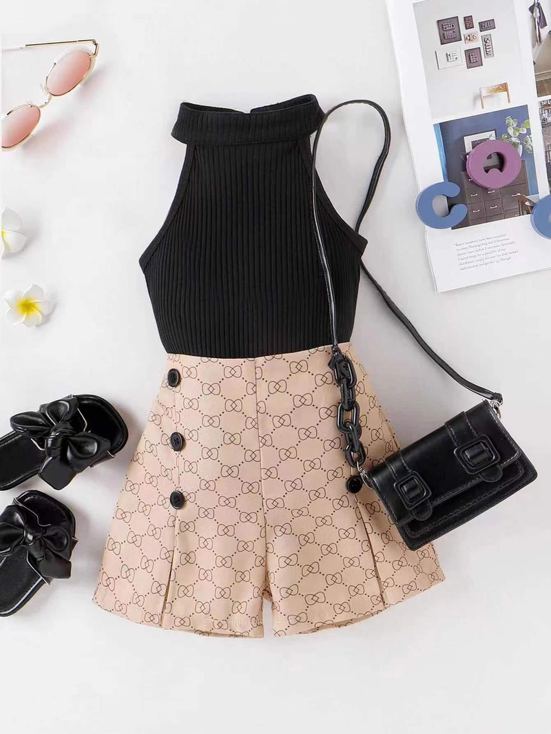 Vêtements pour bébé printemps/été, haut sans manches avec col licou + short de lecture, ensemble deux pièces pour enfants et filles_voghion.com